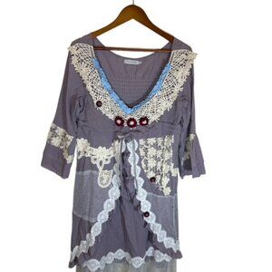 Lace Crochet Boho Fairy Romantic Cottagecore Midi Dress Size Med Elastic Waist